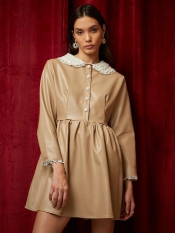 sister jane DREAM Valentina Faux Leather Mini Dress in Hazelnut ~ light brown embellished collar dresses