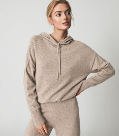 REISS ELLIE 100% CASHMERE HOODIE NEUTRAL / women’s luxe pullover hoodies / womens casual hooded tops / loungewear - flipped