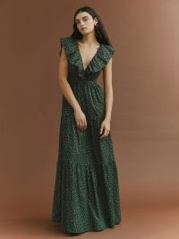 REFORMATION Fairfield Dress in Coriander ~ green ditsy floral print maxi dresses ~ ruffle trim neckline ~ plunging ruffled V-neck ~ tiered hem