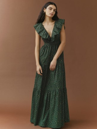 REFORMATION Fairfield Dress in Coriander ~ green ditsy floral print maxi dresses ~ ruffle trim neckline ~ plunging ruffled V-neck ~ tiered hem - flipped