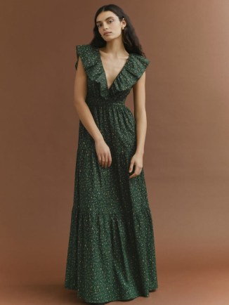 REFORMATION Fairfield Dress in Coriander ~ green ditsy floral print maxi dresses ~ ruffle trim neckline ~ plunging ruffled V-neck ~ tiered hem