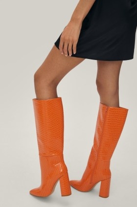 NASTY GAL Faux Leather Croc Embossed Knee High Boots in Orange ~ womens crocodile effect block heel footwear - flipped
