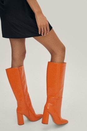 NASTY GAL Faux Leather Croc Embossed Knee High Boots in Orange ~ womens crocodile effect block heel footwear