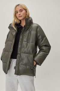NASTY GAL Faux Leather High Neck Padded Jacket in Olive ~ dark green on-trend winter jackets