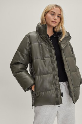 NASTY GAL Faux Leather High Neck Padded Jacket in Olive ~ dark green on-trend winter jackets - flipped