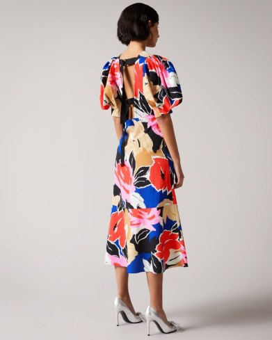 TED BAKER HARPIA Floral Print Midi Dress / puff sleeve open tie back dresses - flipped