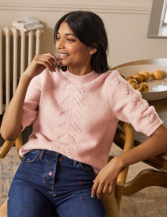 Boden Fluffy Knitted T-Shirt in Milkshake | pink textured jumpers | feminine knitwear - flipped