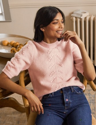 Boden Fluffy Knitted T-Shirt in Milkshake | pink textured jumpers | feminine knitwear