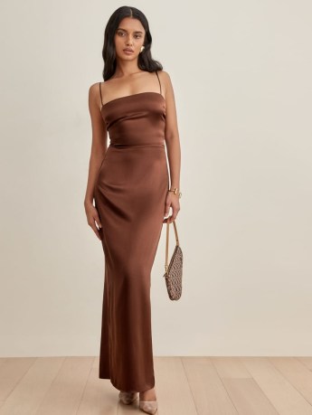 REFORMATION Frankie Dress in Chestnut ~ glamorous brown spaghetti strap maxi dresses ~ evening occasion glamour - flipped