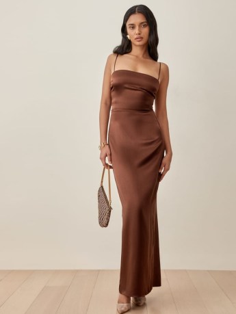 REFORMATION Frankie Dress in Chestnut ~ glamorous brown spaghetti strap maxi dresses ~ evening occasion glamour