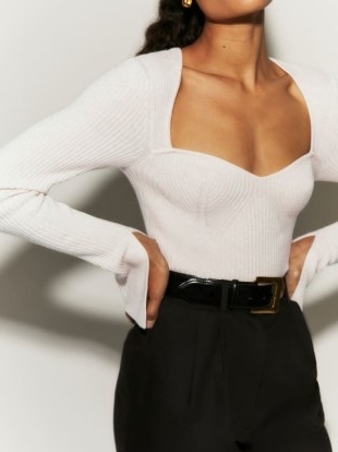 Reformation Glenna Cashmere Sweater in Gossamer | sweetheart neckline sweaters | split cuff detail jumpers | womens stylish knitwear
