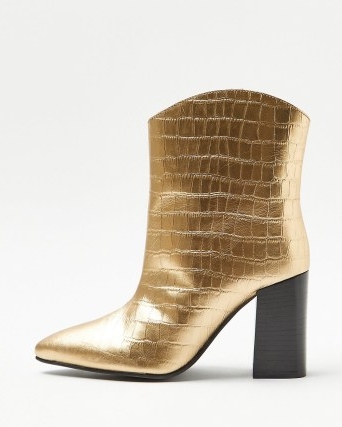 RIVER ISLAND GOLD METALLIC CROC EMBOSSED ANKLE BOOTS ~ womens crocodile effect pointed toe boot ~ women’s shiny cowboy style footwear