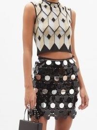 PACO RABANNE Vasarely geometric jacquard-knit tank top ~ gold, black and silver knitted crop tops ~ luxe lurex knitwear
