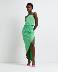 RIVER ISLAND GREEN ASYMMETRIC RUCHED BODYCON DRESS ~ glamorous one shoulder side split party dresses ~ evening glamour