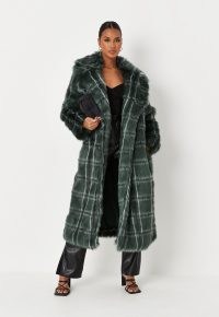 MISSGUIDED green faux fur check coat ~ womens high octane winter glamour ~ glamorous checked coats ~ women’s longline luxe style outerwear