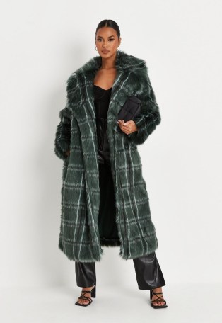 MISSGUIDED green faux fur check coat ~ womens high octane winter glamour ~ glamorous checked coats ~ women’s longline luxe style outerwear - flipped