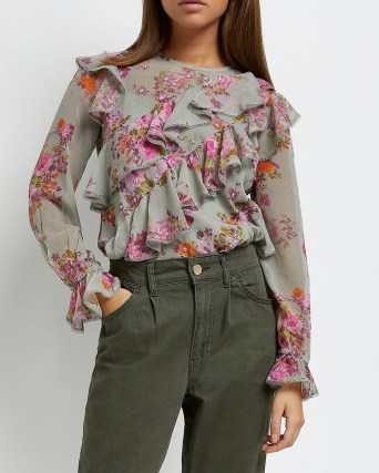 RIVER ISLAND GREEN FLORAL LACE TRIM BLOUSE ~ floral prints and asymmetric ruffles ~ romantic ruffled long sleeve tops