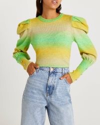 River Island GREEN OMBRE KNITTED JUMPER | pleated puff sleeve jumpers