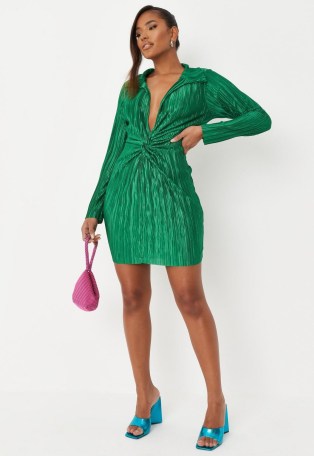 Missguided green plisse twist front plunge mini dress | long sleeve plunging neckline going out dresses