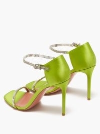 AMINA MUADDI Ursina crystal-embellished green silk-satin sandals / luxe ankle strap stiletto heels