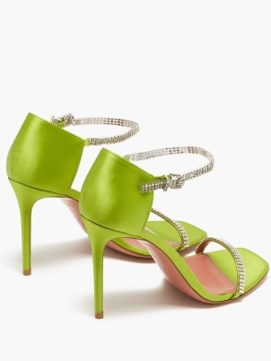 AMINA MUADDI Ursina crystal-embellished green silk-satin sandals / luxe ankle strap stiletto heels - flipped
