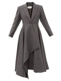 ALEXANDER MCQUEEN Draped belted wool-blend felt coat in grey ~ asymmetric fit and flare coats ~ womens designer outerwear