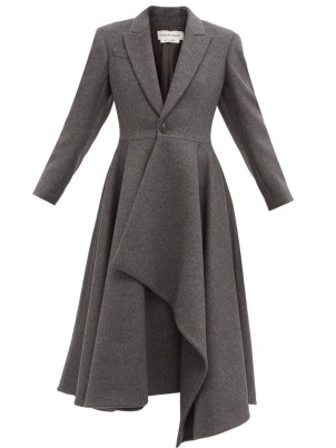 ALEXANDER MCQUEEN Draped belted wool-blend felt coat in grey ~ asymmetric fit and flare coats ~ womens designer outerwear - flipped