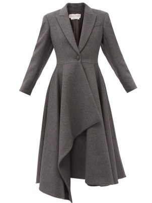 ALEXANDER MCQUEEN Draped belted wool-blend felt coat in grey ~ asymmetric fit and flare coats ~ womens designer outerwear