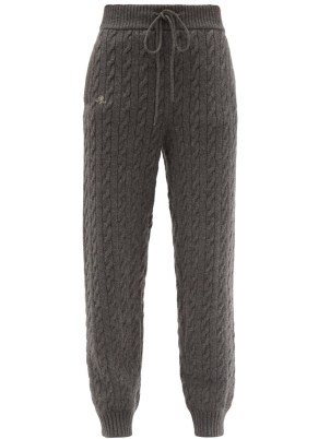 GUCCI Logo-embroidered cable-knit cashmere track pants in grey / women’s designer cuffed joggers / womens knitted drawstring waist jogging bottoms / luxe loungewear - flipped