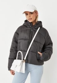 MISSGUIDED grey padded hooded puffer coat ~ womens fashionable padded coats ~ women’s on-trend winter jackets