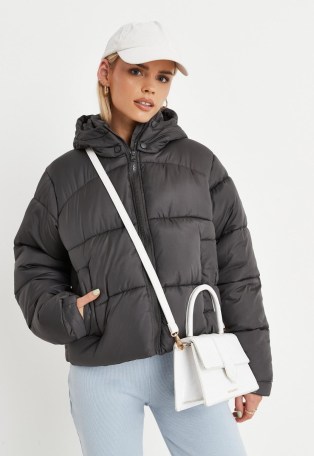 MISSGUIDED grey padded hooded puffer coat ~ womens fashionable padded coats ~ women’s on-trend winter jackets - flipped