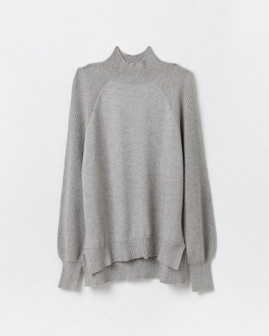 River Island GREY RIBBED JUMPER | high neck dip hem jumpers | womens on-trend knitwear - flipped