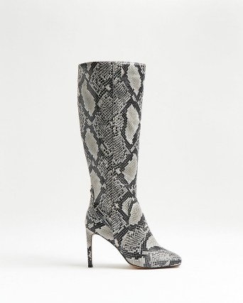 RIVER ISLAND GREY WIDE FIT SNAKE PRINT KNEE HIGH BOOTS ~ womens animal print boots ~ reptile prints - flipped