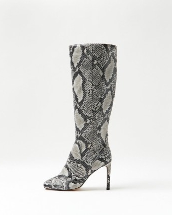 RIVER ISLAND GREY WIDE FIT SNAKE PRINT KNEE HIGH BOOTS ~ womens animal print boots ~ reptile prints