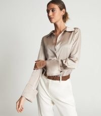 REISS HAILEY SILK SHIRT CHAMPAGNE / women’s silky wide double cuff shirts / luxe fashion