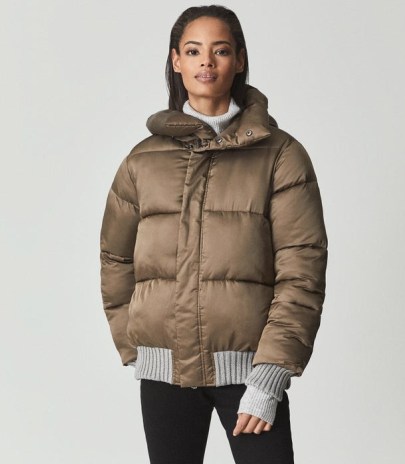 REISS HONOR HOODED PUFFER JACKET KHAKI ~ womens luxe style padded jackets - flipped