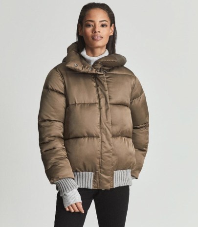 REISS HONOR HOODED PUFFER JACKET KHAKI ~ womens luxe style padded jackets