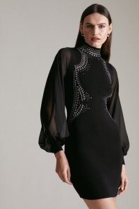 Hotfix Knit Dress With Chiffon Sleeves in Black / sheer sleeve stud embellished LBD / glamorous party dresses / evening occasion glamour