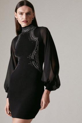 Hotfix Knit Dress With Chiffon Sleeves in Black / sheer sleeve stud embellished LBD / glamorous party dresses / evening occasion glamour - flipped