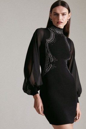 Hotfix Knit Dress With Chiffon Sleeves in Black / sheer sleeve stud embellished LBD / glamorous party dresses / evening occasion glamour