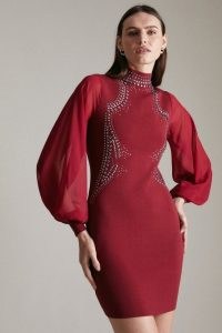 KAREN MILLEN Hotfix Knit Dress With Chiffon Sleeves in Cabernet / glamorous dark red evening dresses / sheer sleeved party fashion