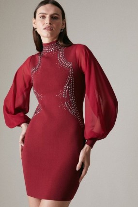 KAREN MILLEN Hotfix Knit Dress With Chiffon Sleeves in Cabernet / glamorous dark red evening dresses / sheer sleeved party fashion - flipped