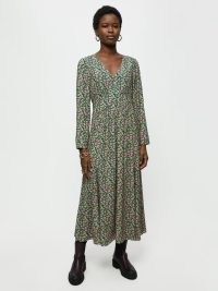 JIGSAW Hydrangea Midi Tea Dress Green / floral long sleeve V-neck empire waist dresses