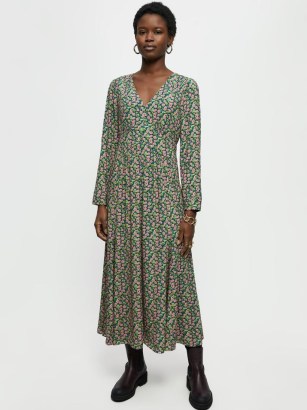 JIGSAW Hydrangea Midi Tea Dress Green / floral long sleeve V-neck empire waist dresses - flipped