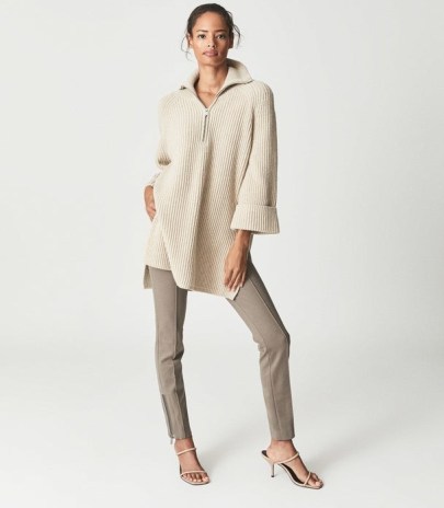 REISS JEAN RIBBED ZIP NECK JUMPER OATMEAL ~ chic neutral knits - flipped