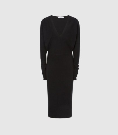 REISS JENNA CASHMERE BLEND RUCHED SLEEVE DRESS BLACK / chic knitted dresses - flipped