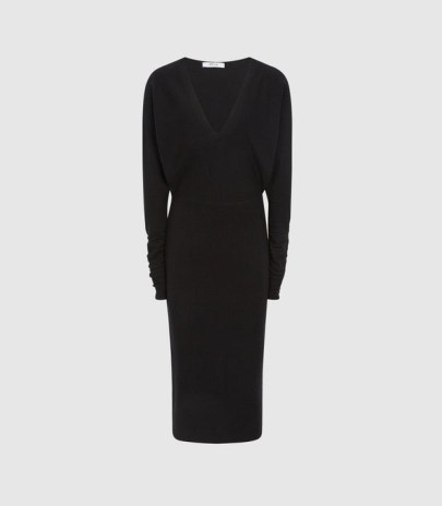 REISS JENNA CASHMERE BLEND RUCHED SLEEVE DRESS BLACK / chic knitted dresses