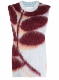 Jil Sander graphic mohair knit top in blue and burgundy / sleeveless knitted tops / women’s feminine luxe knitwear / leaf print fashion
