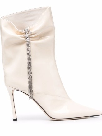 Jimmy Choo Oriel 95mm boots in Latte White ~ womens designer embellished point to boot ~ women’s luxe footwear ~ high stiletto heel ~ glamorous heels - flipped