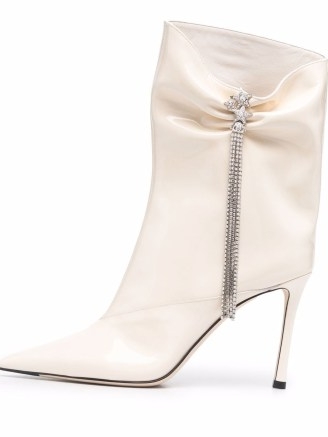 Jimmy Choo Oriel 95mm boots in Latte White ~ womens designer embellished point to boot ~ women’s luxe footwear ~ high stiletto heel ~ glamorous heels